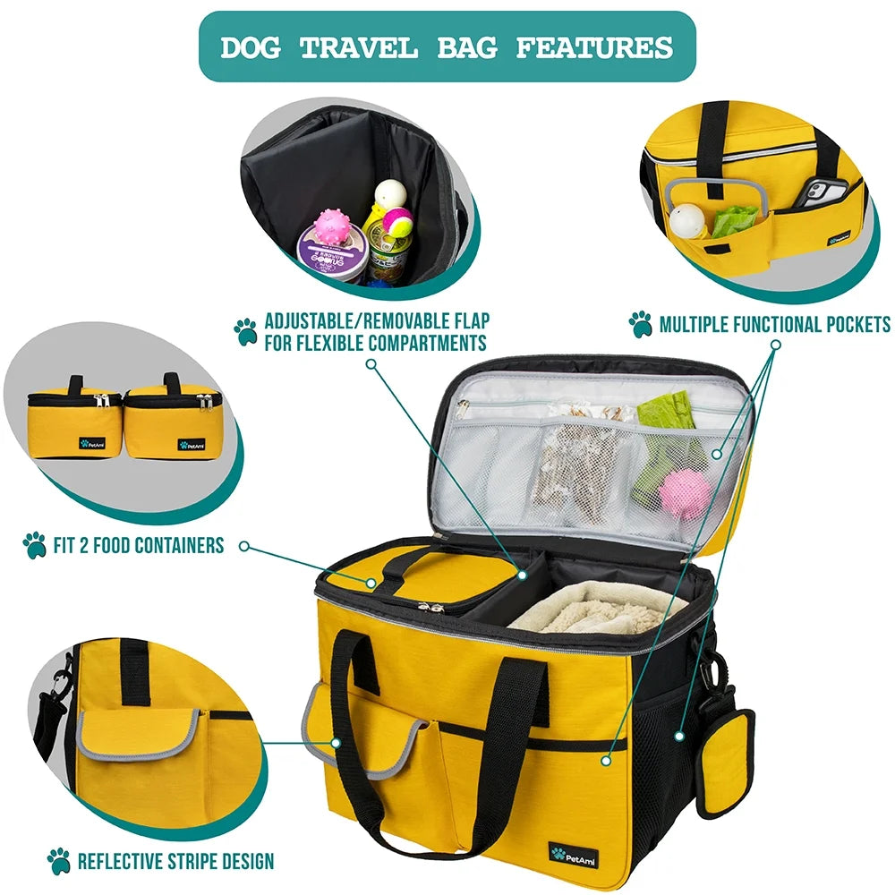 Dog Travel Bag, Travel Pet Bag Organizer, Dog Food Travel Bag with Food Container and Bowls, Dog Travel Supplies Gift Accessories for Weekend Camping, Dog Cat Diaper Bag(Sea Blue, Large)